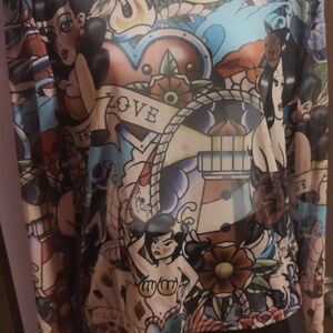 Colorful Graphic Long Sleeve Mesh Tattoo Print